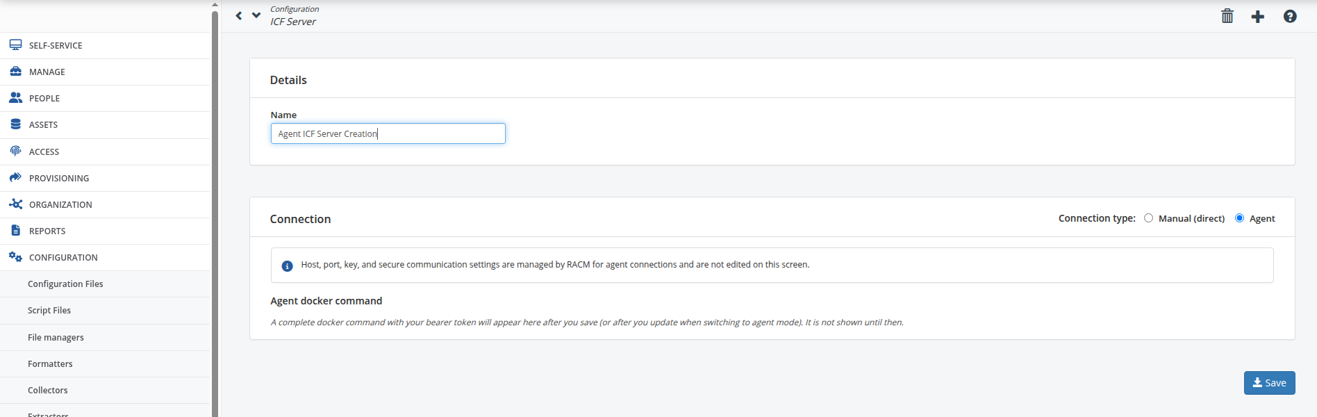 ICF server detail before Save — Details and Connection type Agent