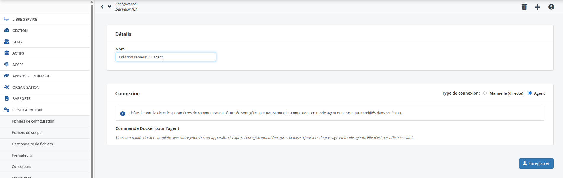 Fiche serveur ICF avant enregistrement — Détails et type de connexion Agent