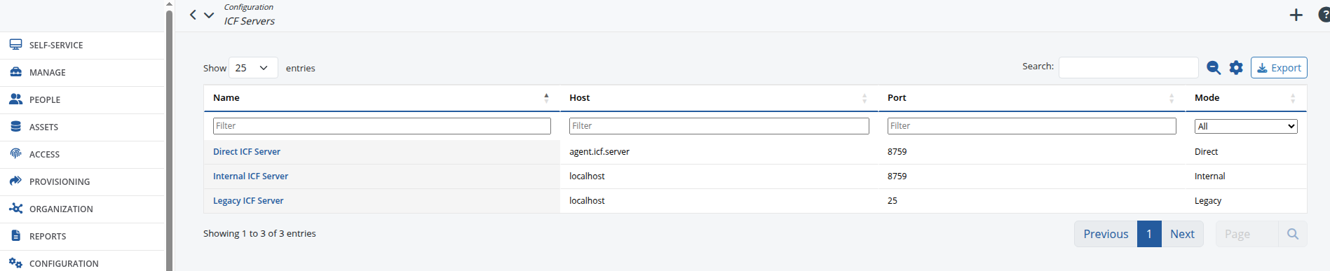 Target system servers list — Mode shows Agent or Direct