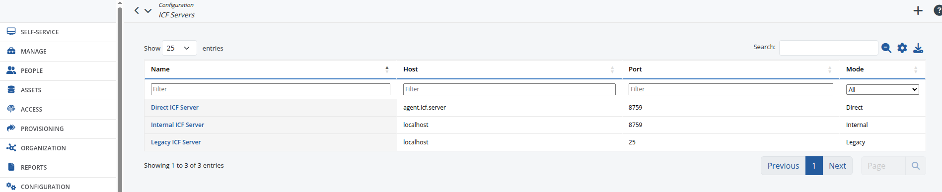 Target system servers list — Mode shows Agent or Direct