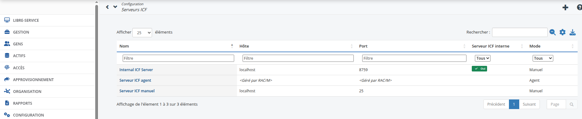 Illustration — Liste des serveurs ICF