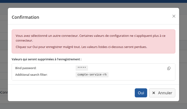 Confirmation lors du changement de type de connecteur