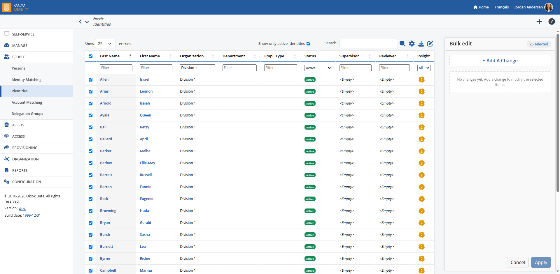The Identities list in bulk edit mode, with rows selected