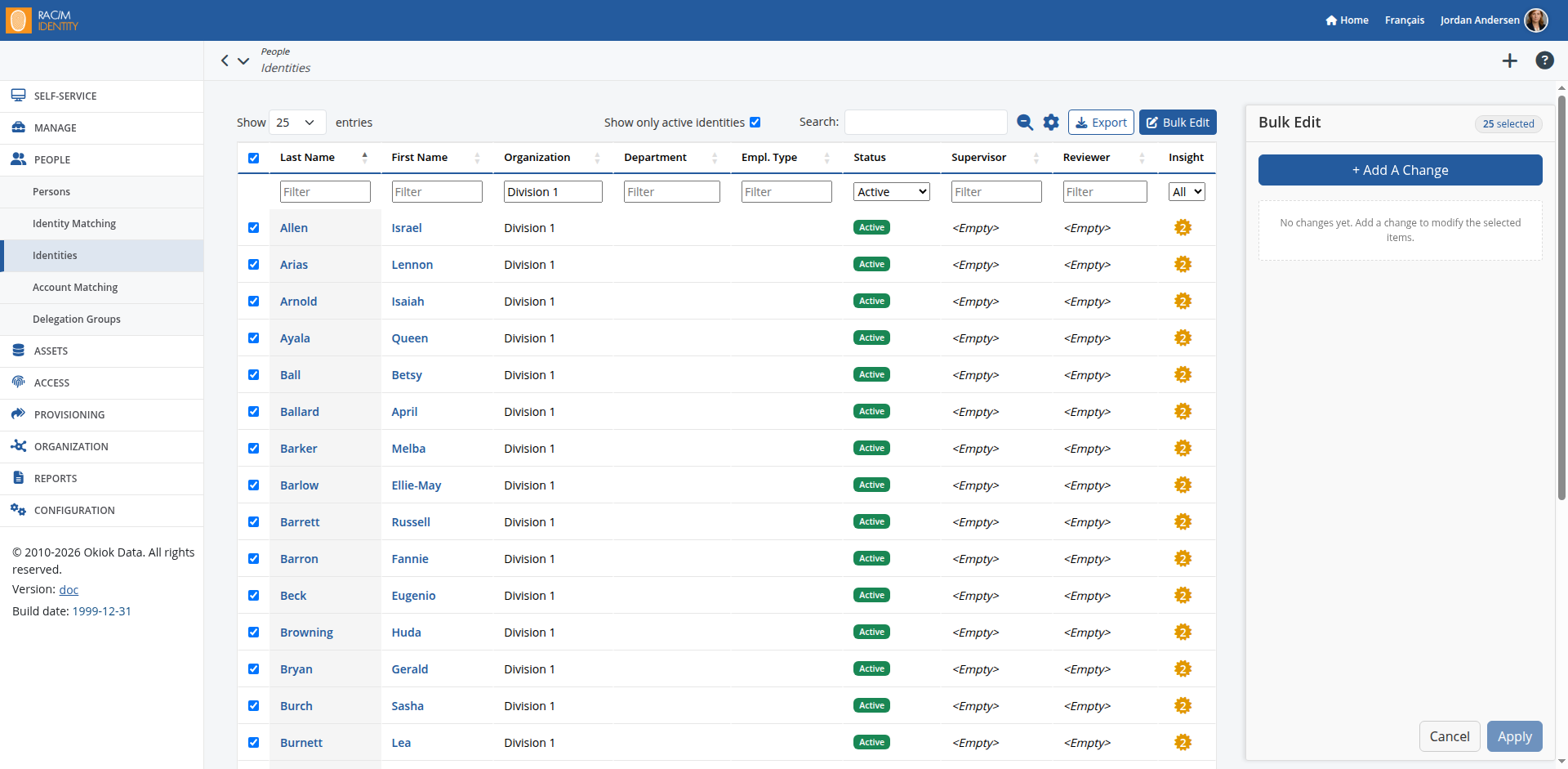 The Identities list in bulk edit mode, with rows selected