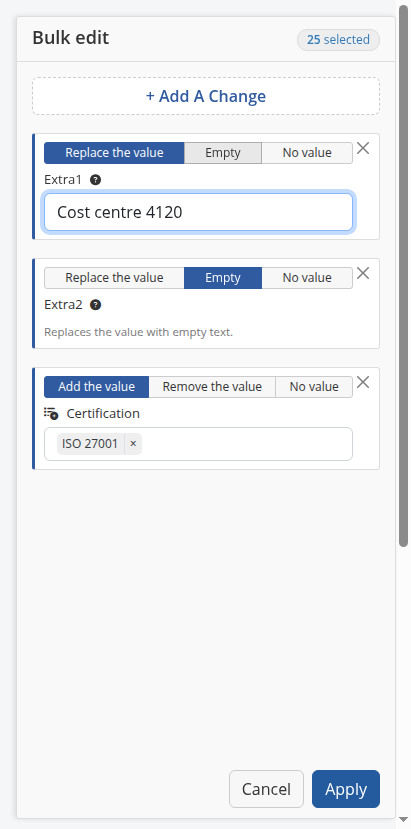 Three changes ready to be applied: a value added to an extended attribute, an extra attribute emptied, and another extra attribute replaced