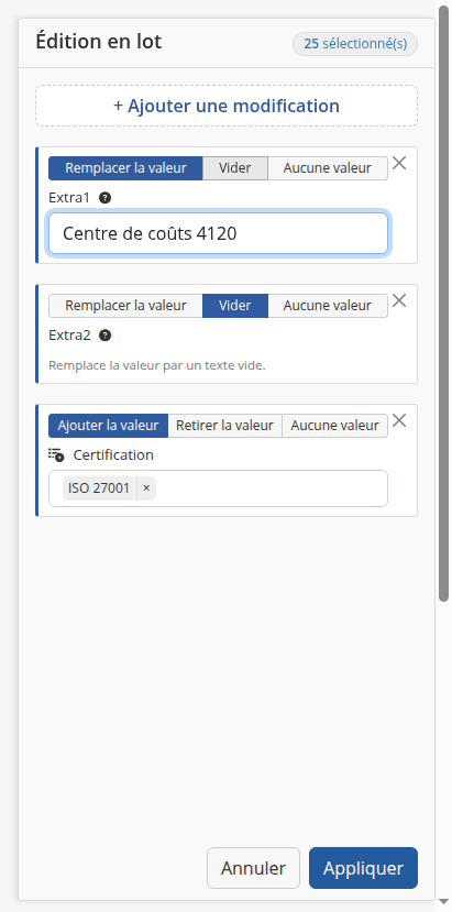 Trois modifications prêtes à être appliquées : une valeur ajoutée à un attribut étendu, un attribut supplémentaire vidé et un autre attribut supplémentaire remplacé
