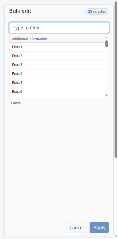 Choosing the attribute to modify in the bulk edit panel