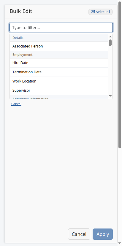 Choosing the attribute to modify in the bulk edit panel