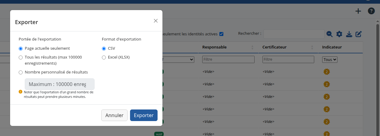 Boîte de dialogue d'export CSV ou Excel sur une liste d'administration
