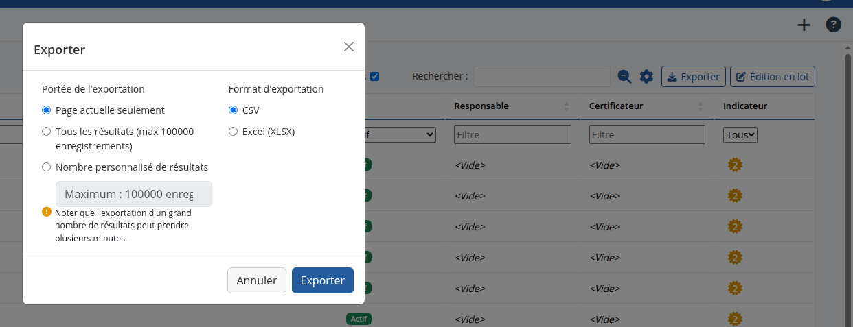 Boîte de dialogue d'export CSV ou Excel sur une liste d'administration