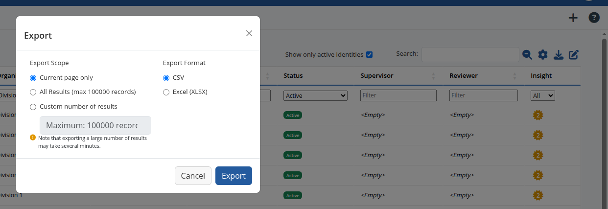 CSV and Excel export dialog on an administration list