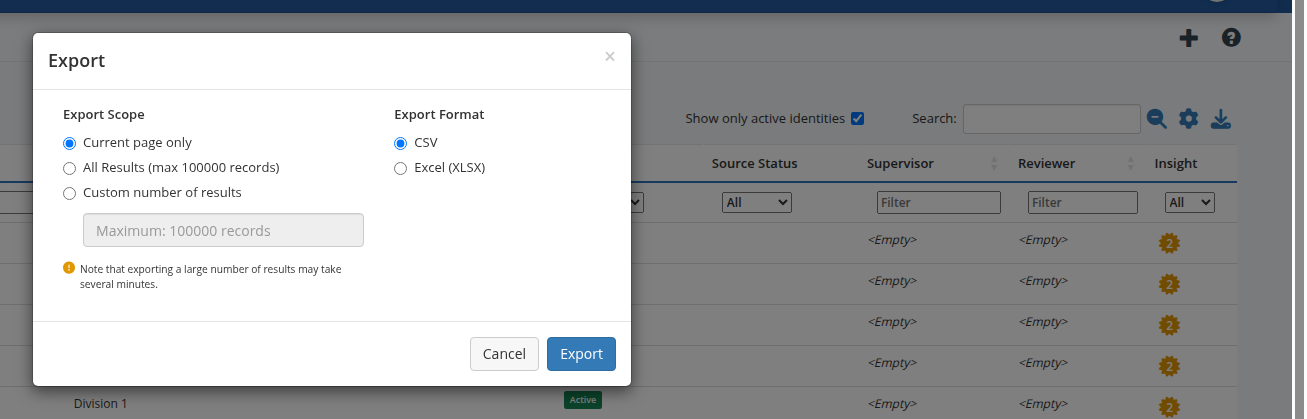 CSV and Excel export dialog on an administration list