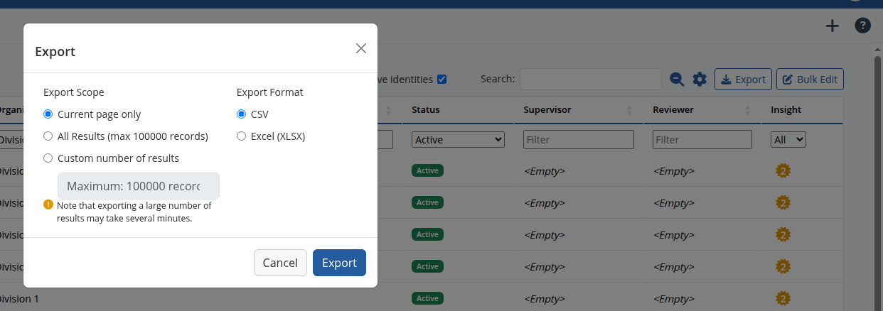 CSV and Excel export dialog on an administration list