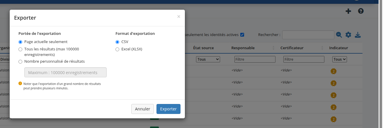 Boîte de dialogue d'export CSV ou Excel sur une liste d'administration
