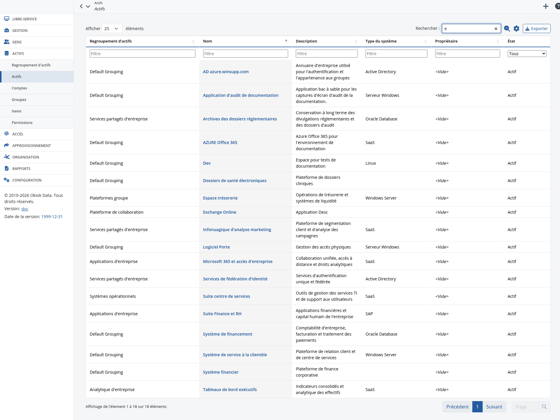 Liste d'actifs