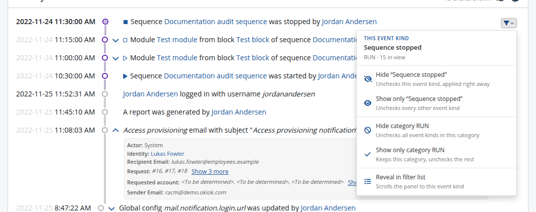 Figure - Audit record filter menu