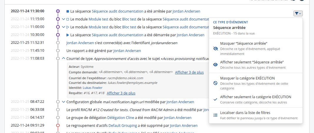 Figure - Menu de filtrage d'un enregistrement d'audit