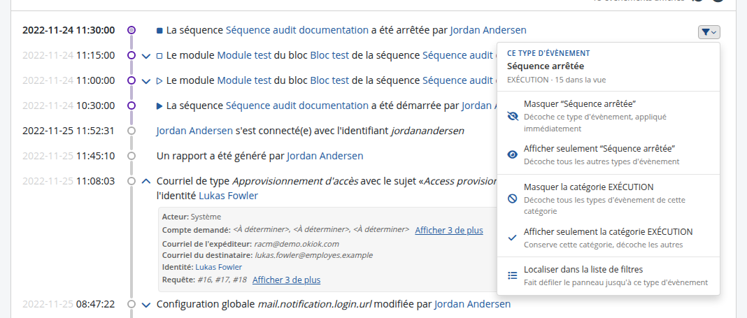 Figure - Menu de filtrage d'un enregistrement d'audit