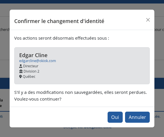Fenêtre modale de confirmation du changement d'identité