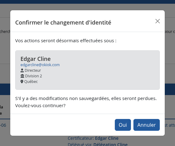 Fenêtre modale de confirmation du changement d'identité