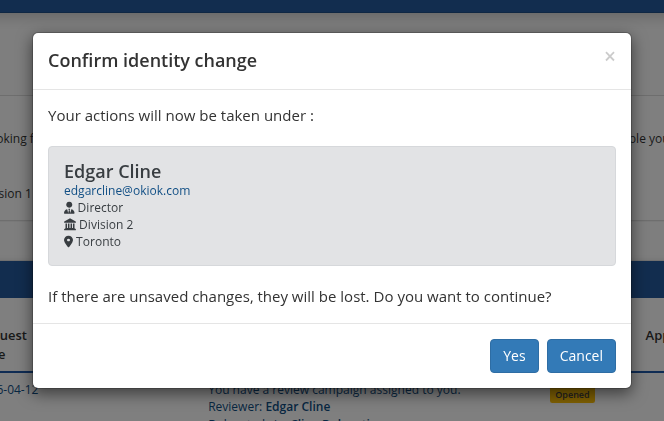 Identity switch confirmation modal