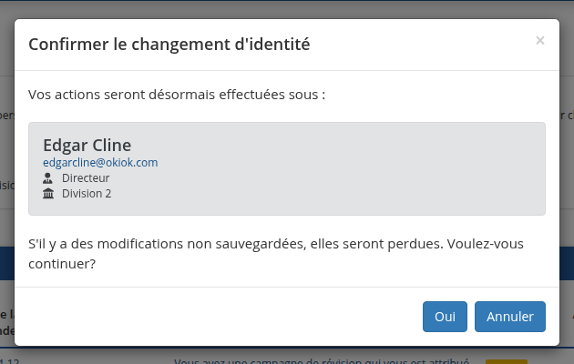 Fenêtre modale de confirmation du changement d'identité