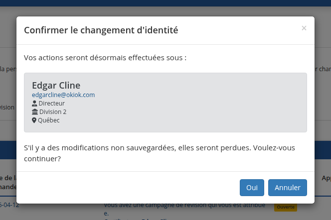 Fenêtre modale de confirmation du changement d'identité