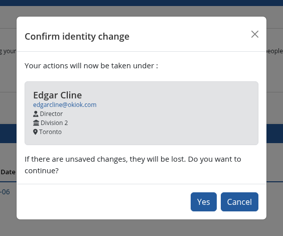 Identity switch confirmation modal