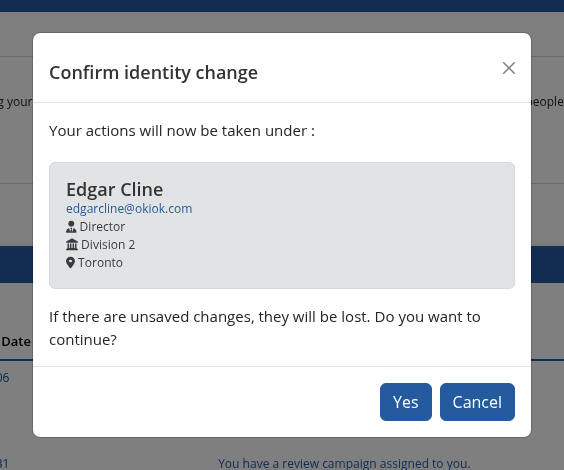 Identity switch confirmation modal