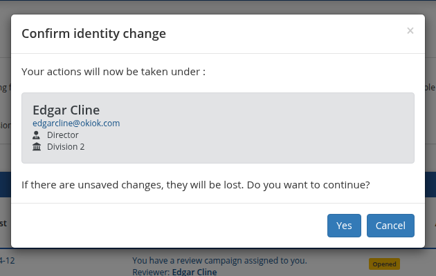 Identity switch confirmation modal