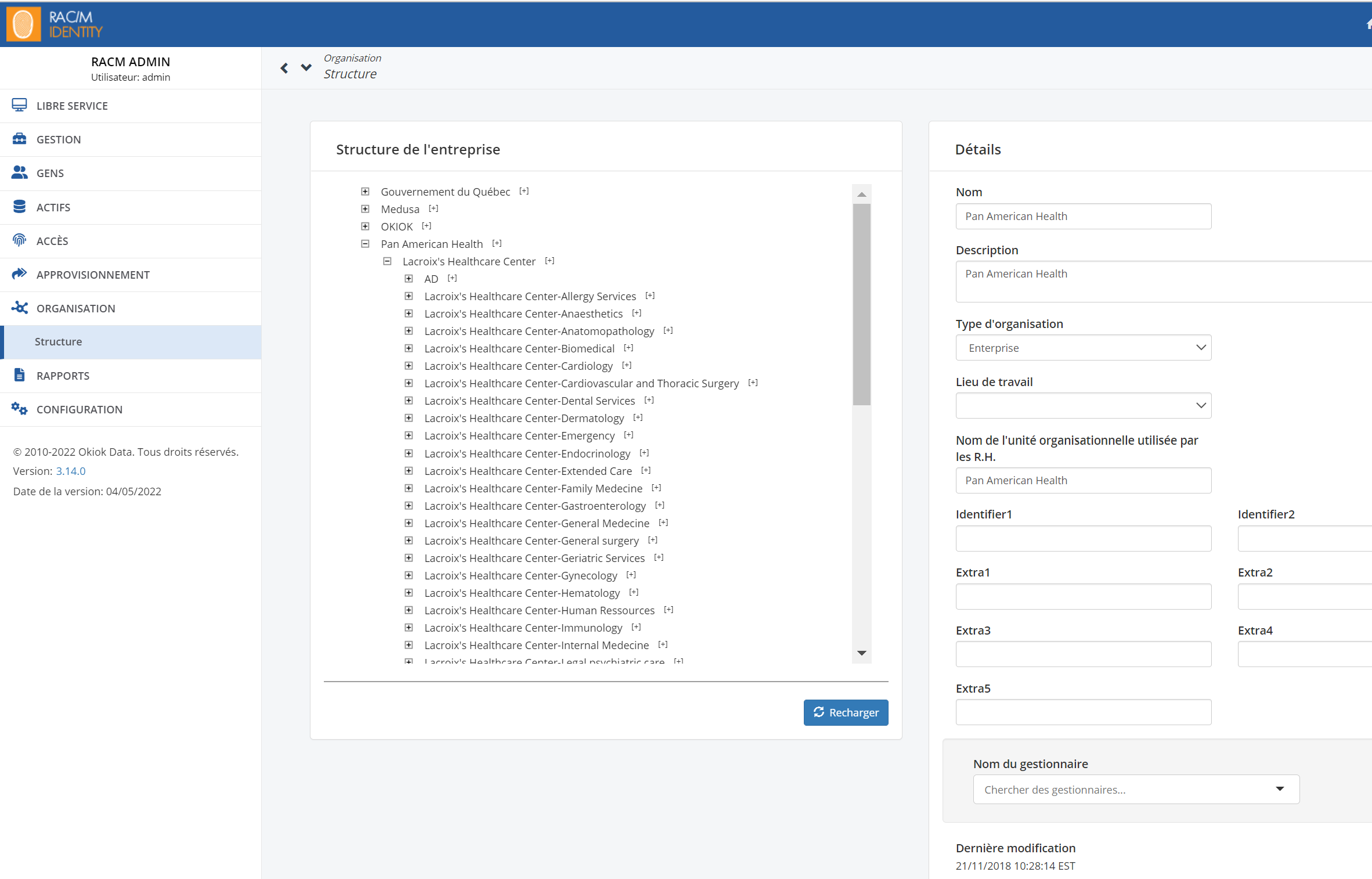 Exemple d'une structure organisationnelle dans RAC/M Identity