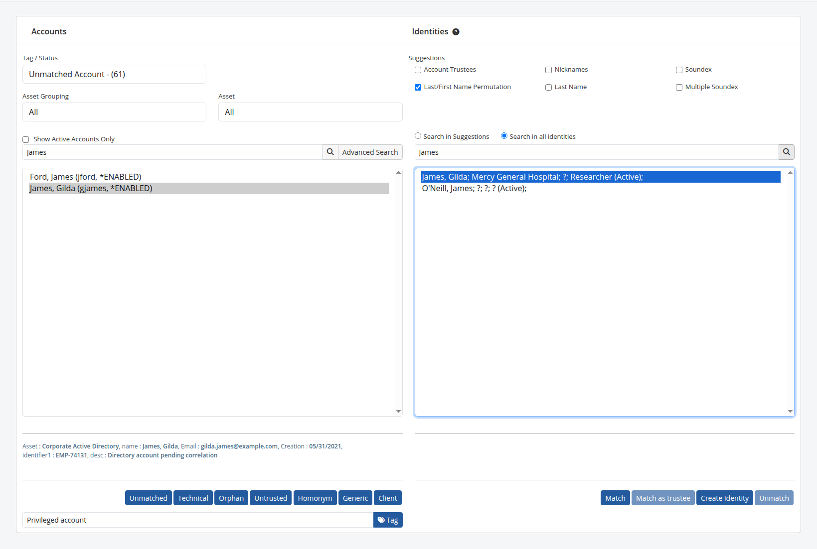 Matching an account to an identity