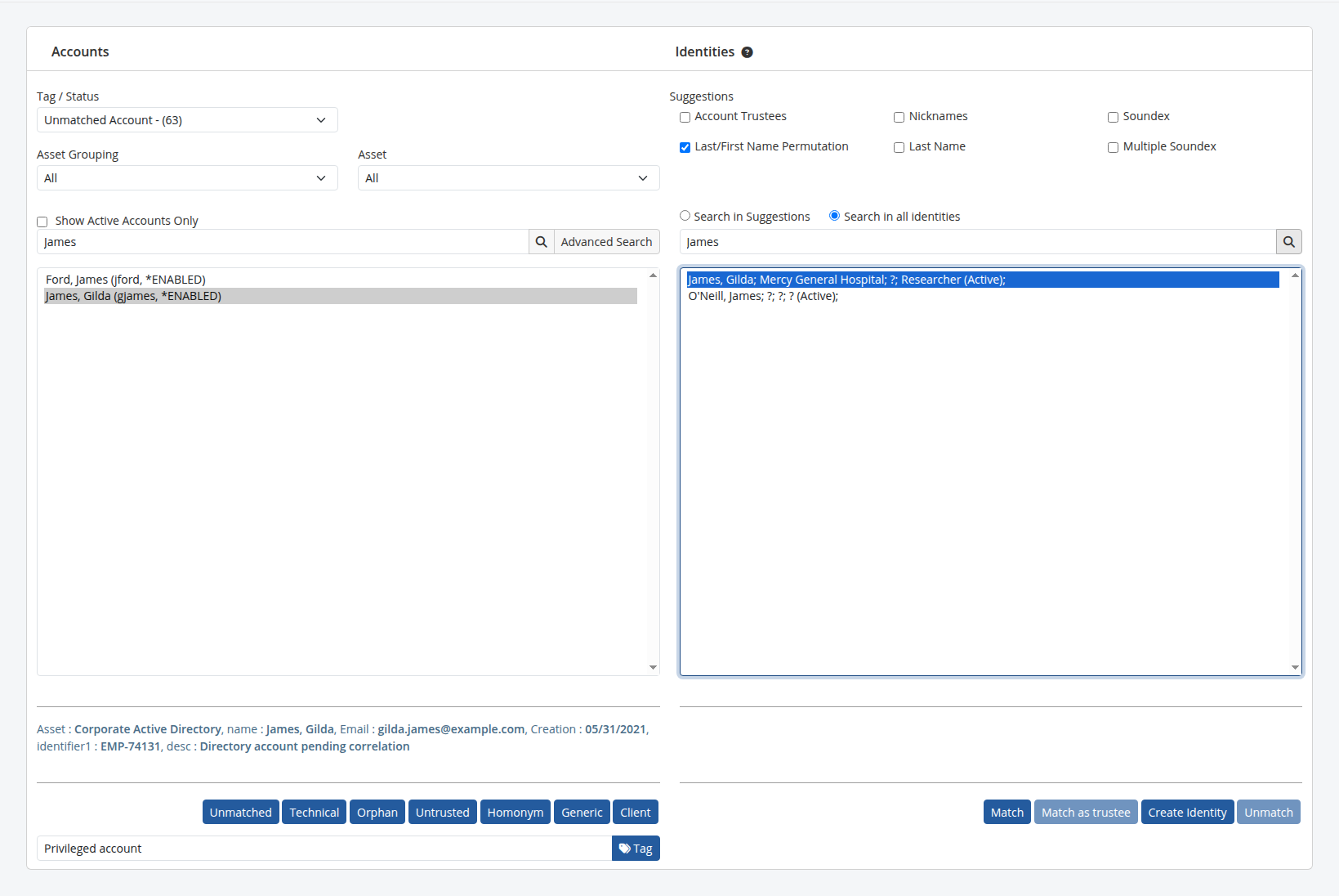 Matching an account to an identity