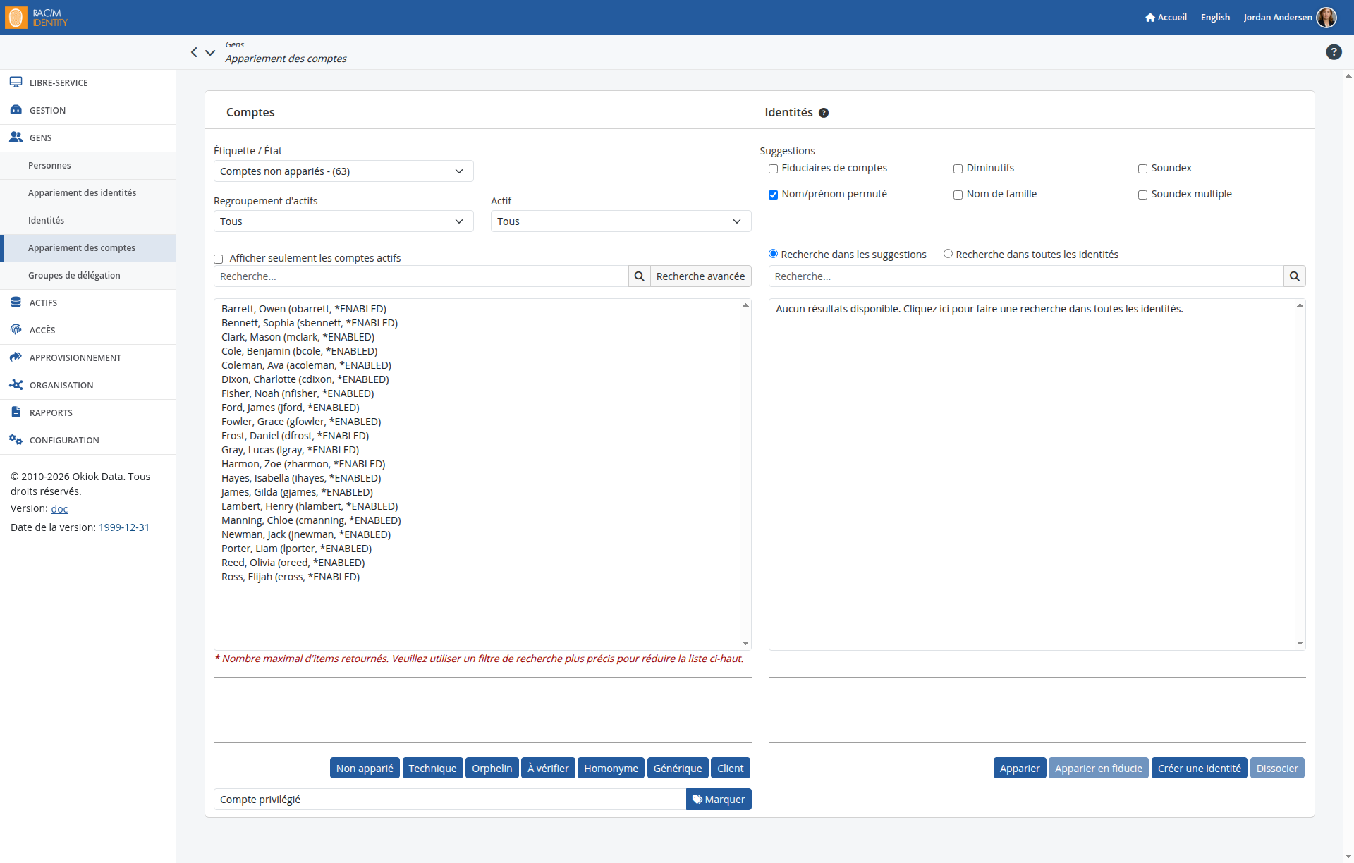 La page d'appariement des comptes