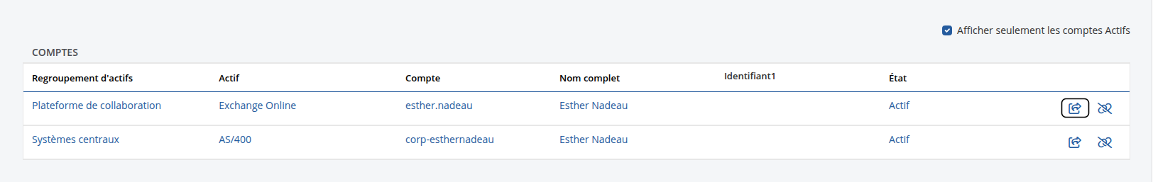Sélection du compte à transférer