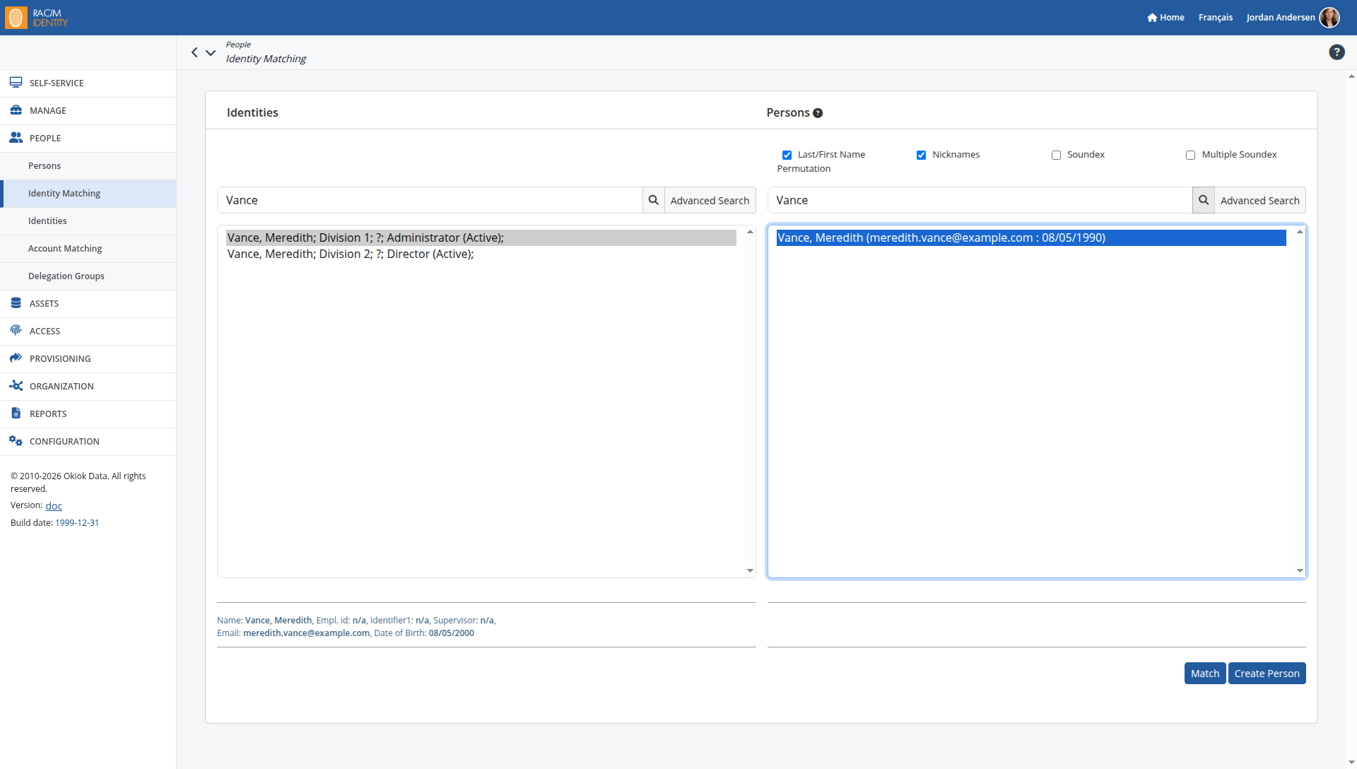 The Identity Matching page