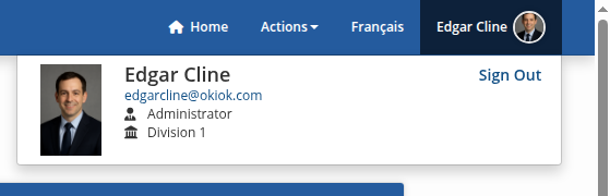 Profile dropdown showing current identity
