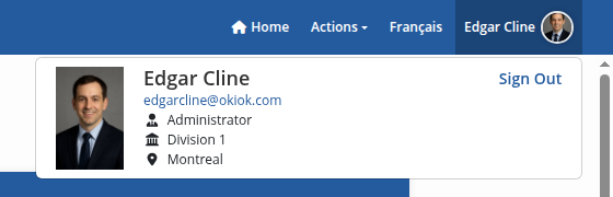 Profile dropdown showing current identity