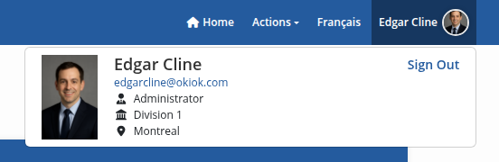 Profile dropdown showing current identity