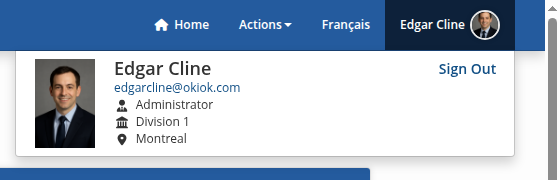 Profile dropdown showing current identity