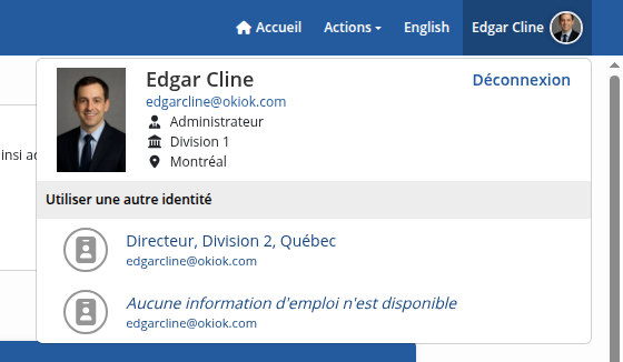 Menu déroulant du profil avec les options de changement d'identité