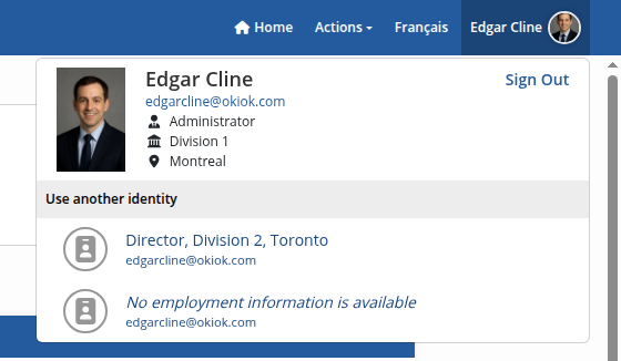 Profile dropdown with identity switching options