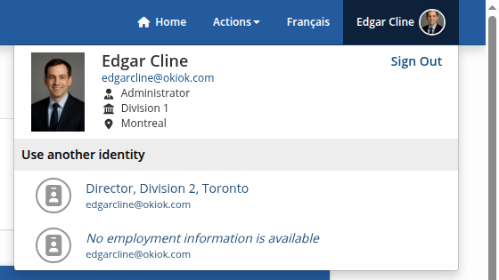 Profile dropdown with identity switching options