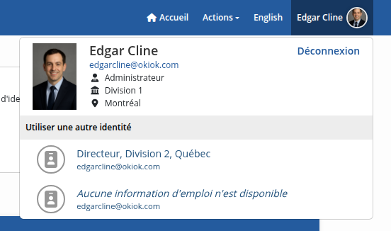 Menu déroulant du profil avec les options de changement d'identité
