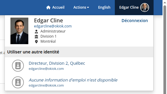 Menu déroulant du profil avec les options de changement d'identité