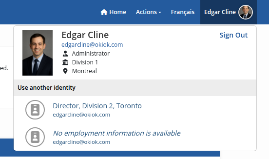 Profile dropdown with identity switching options