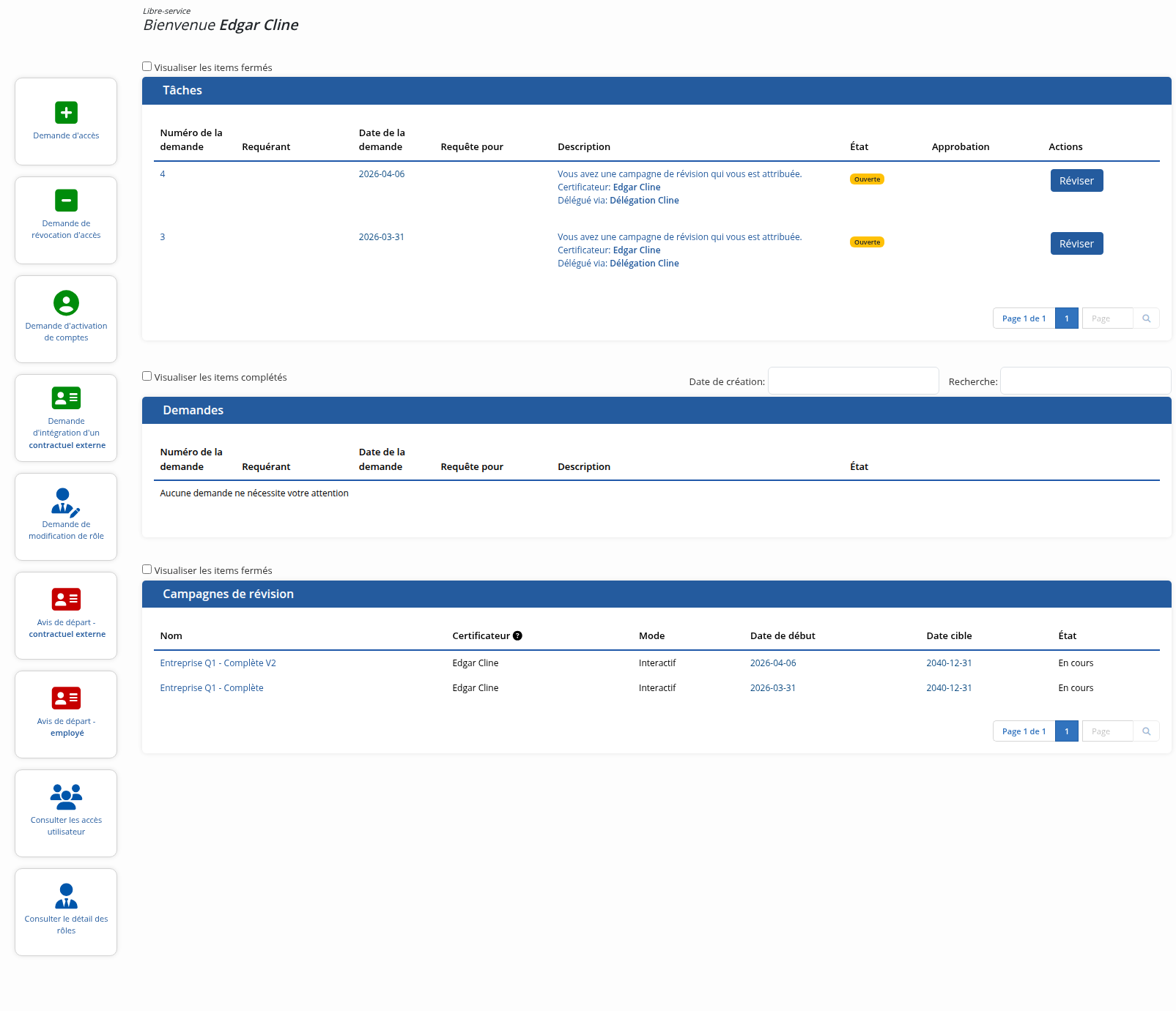 La page d'accueil du portail libre-service