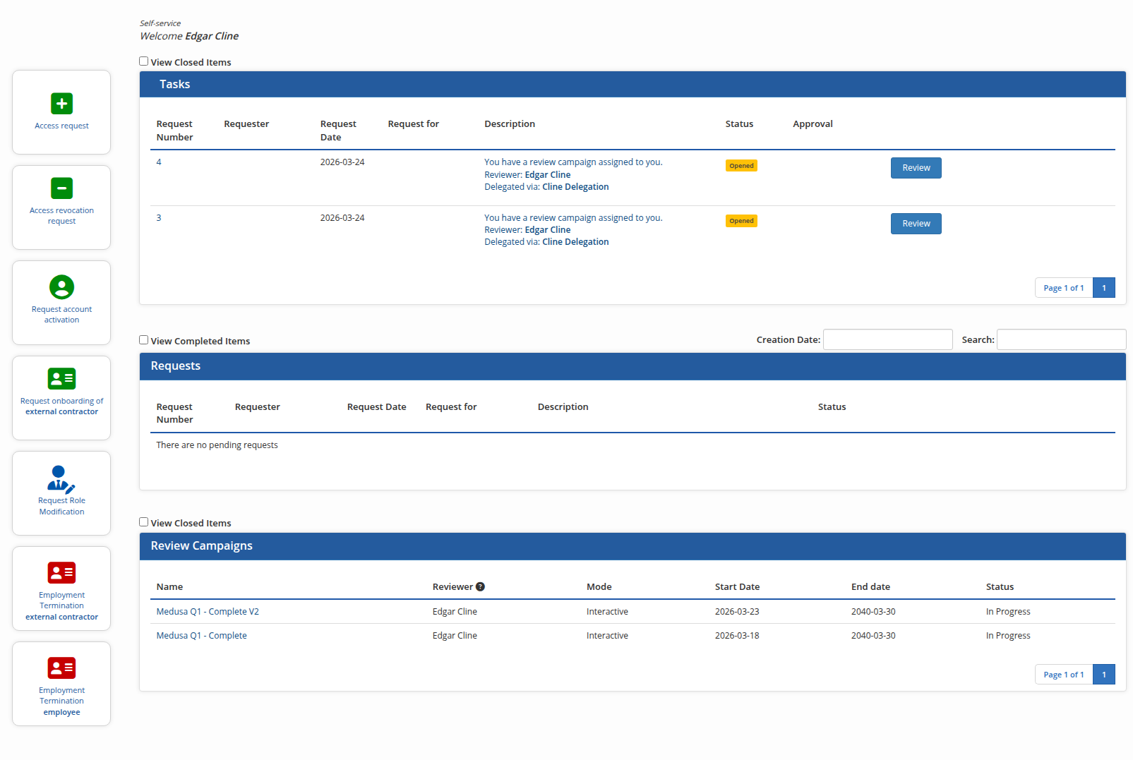 The homepage of the self-service portal