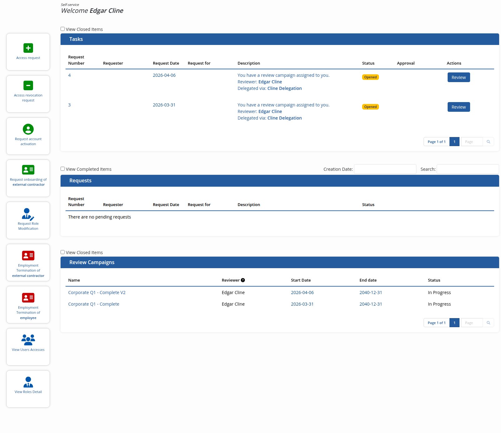 The homepage of the self-service portal