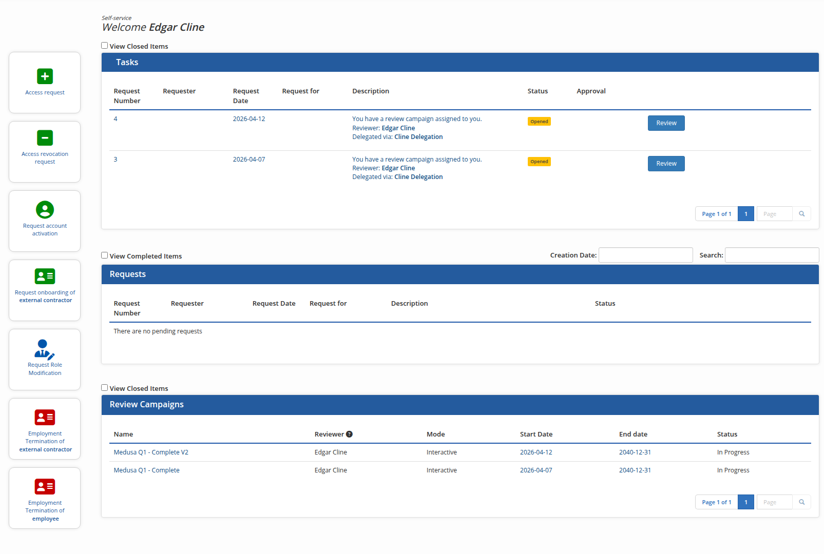 The homepage of the self-service portal